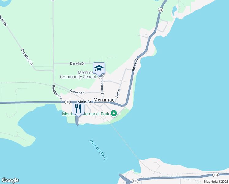 map of restaurants, bars, coffee shops, grocery stores, and more near 140 2nd Street in Merrimac