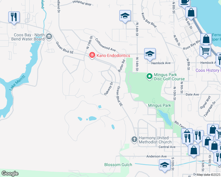 map of restaurants, bars, coffee shops, grocery stores, and more near 990 Oakway Drive in Coos Bay