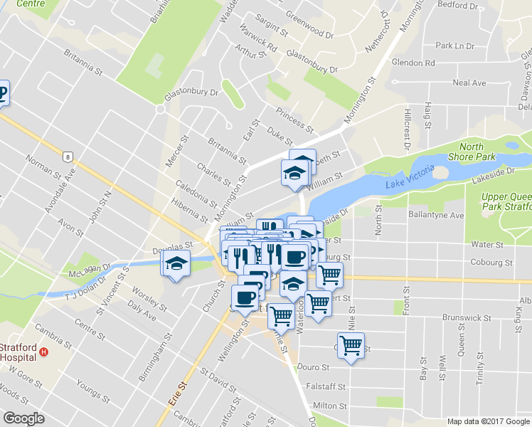 map of restaurants, bars, coffee shops, grocery stores, and more near 97 William Street in Stratford