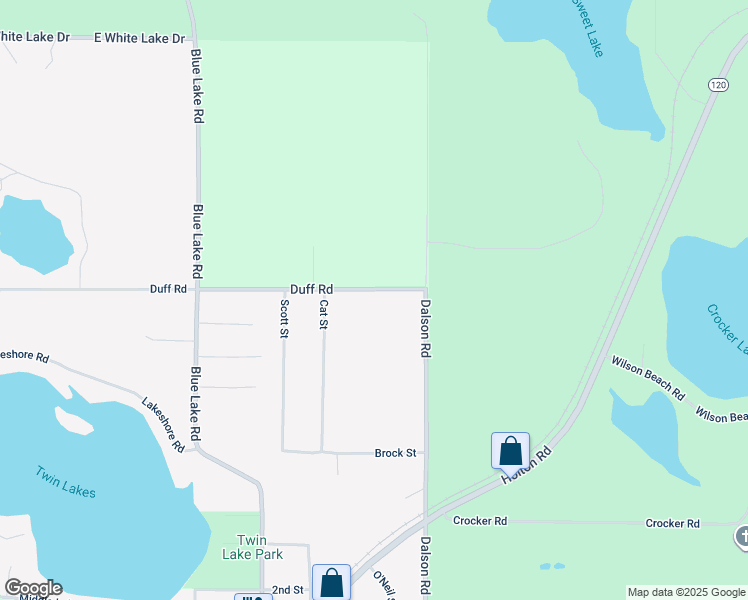map of restaurants, bars, coffee shops, grocery stores, and more near 3289 Duff Road in Twin Lake