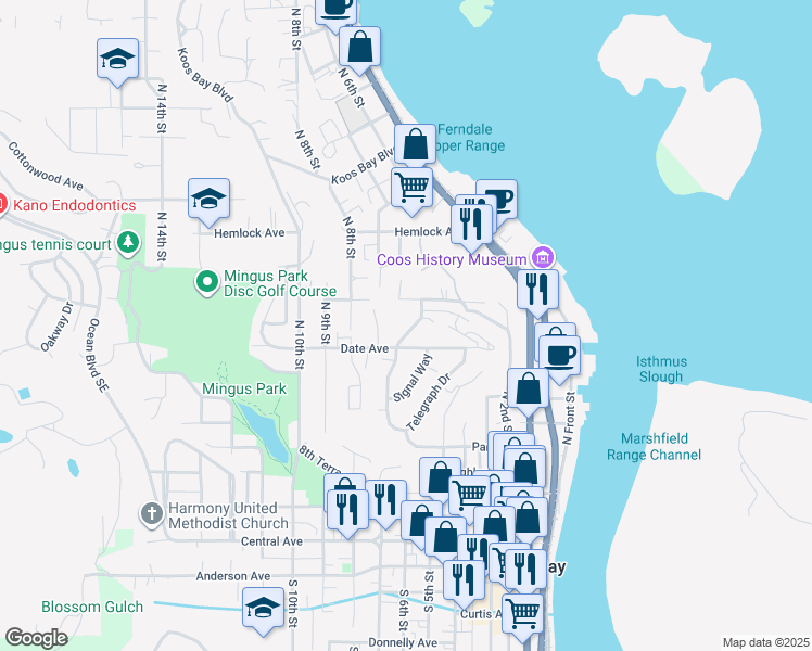 map of restaurants, bars, coffee shops, grocery stores, and more near 955 7th Road in Coos Bay