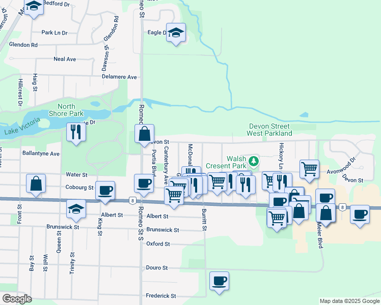 map of restaurants, bars, coffee shops, grocery stores, and more near 19 McDonald Street in Stratford
