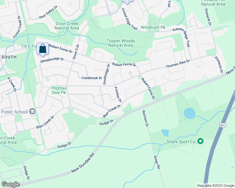 map of restaurants, bars, coffee shops, grocery stores, and more near Frontier Drive in Kitchener