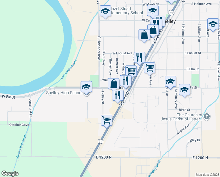 map of restaurants, bars, coffee shops, grocery stores, and more near 501-699 Holley St in Shelley