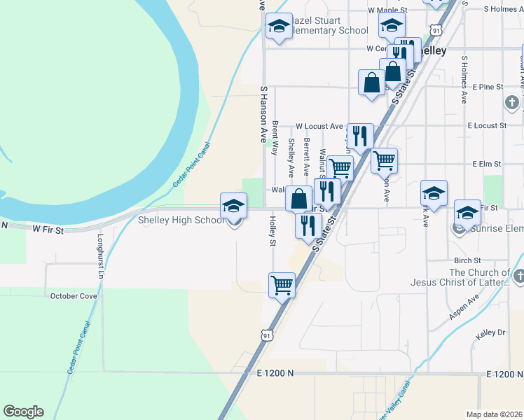 map of restaurants, bars, coffee shops, grocery stores, and more near 618 West Fir Street in Shelley