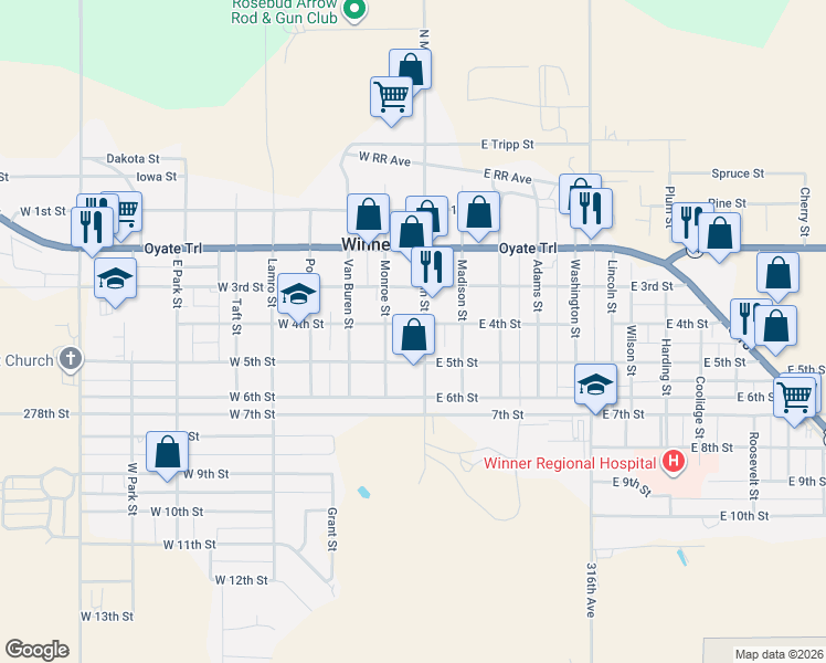 map of restaurants, bars, coffee shops, grocery stores, and more near 402 Monroe St in Winner