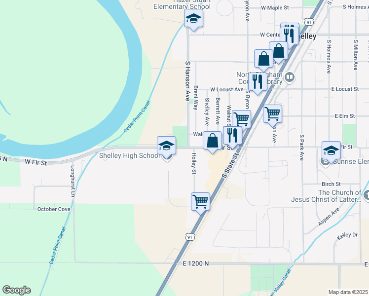 map of restaurants, bars, coffee shops, grocery stores, and more near 570 West Fir Street in Shelley