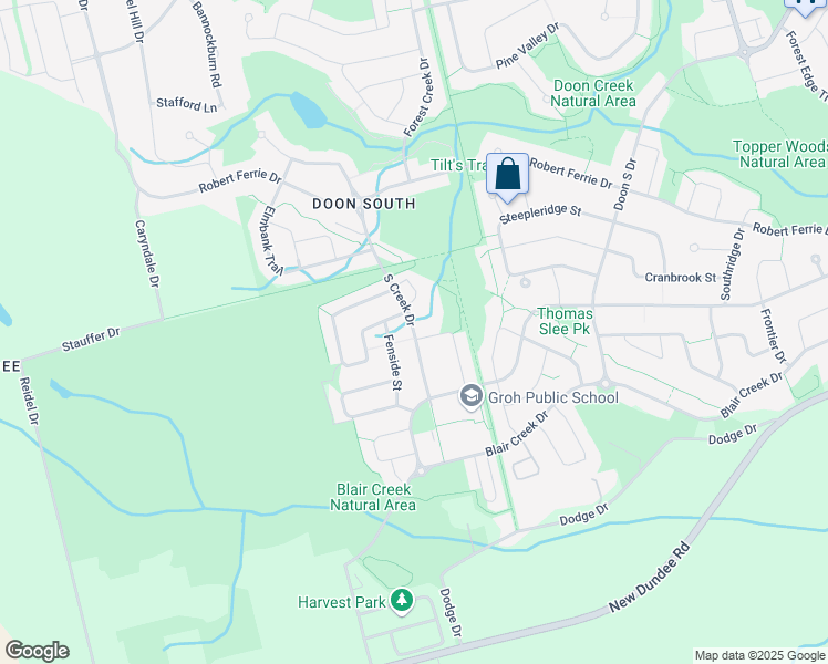 map of restaurants, bars, coffee shops, grocery stores, and more near 128 South Creek Drive in Kitchener
