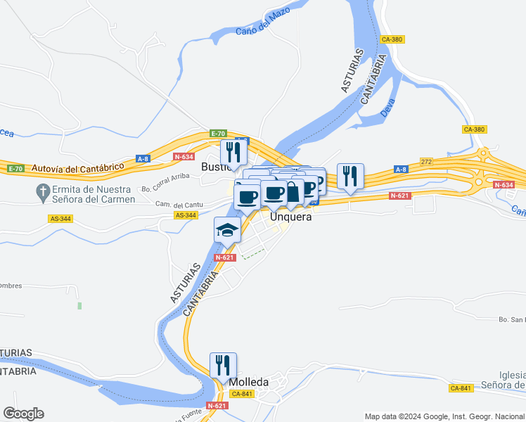 map of restaurants, bars, coffee shops, grocery stores, and more near 2 Calle Carretera General in Unquera