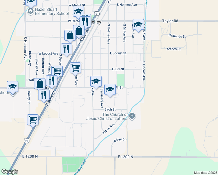 map of restaurants, bars, coffee shops, grocery stores, and more near 200 East Fir Street in Shelley
