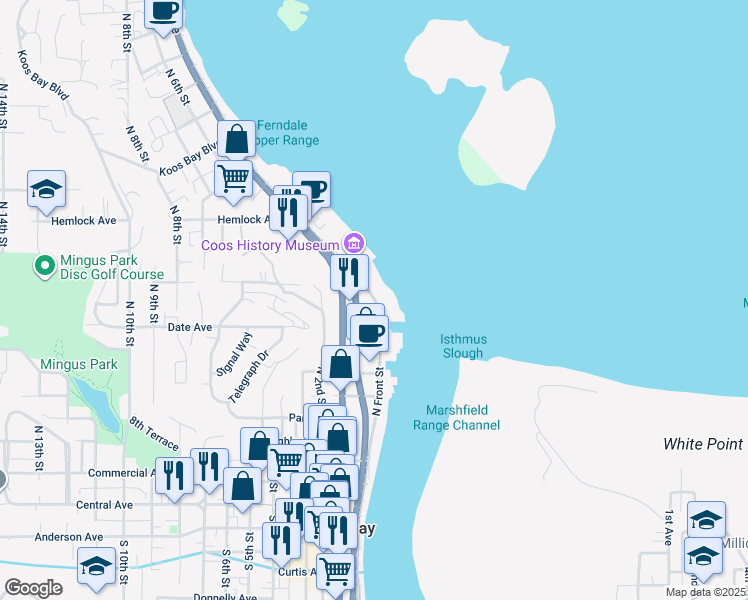 map of restaurants, bars, coffee shops, grocery stores, and more near 1049 North Front Street in Coos Bay