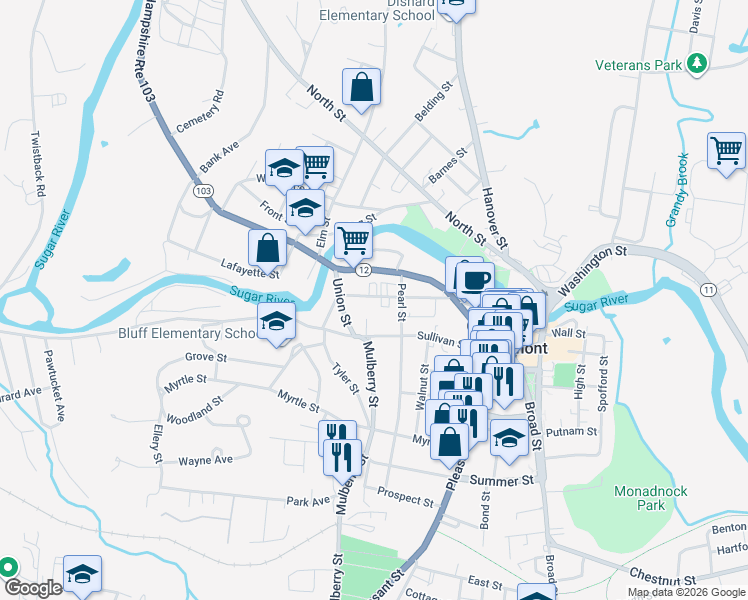 map of restaurants, bars, coffee shops, grocery stores, and more near 48 Central Street in Claremont