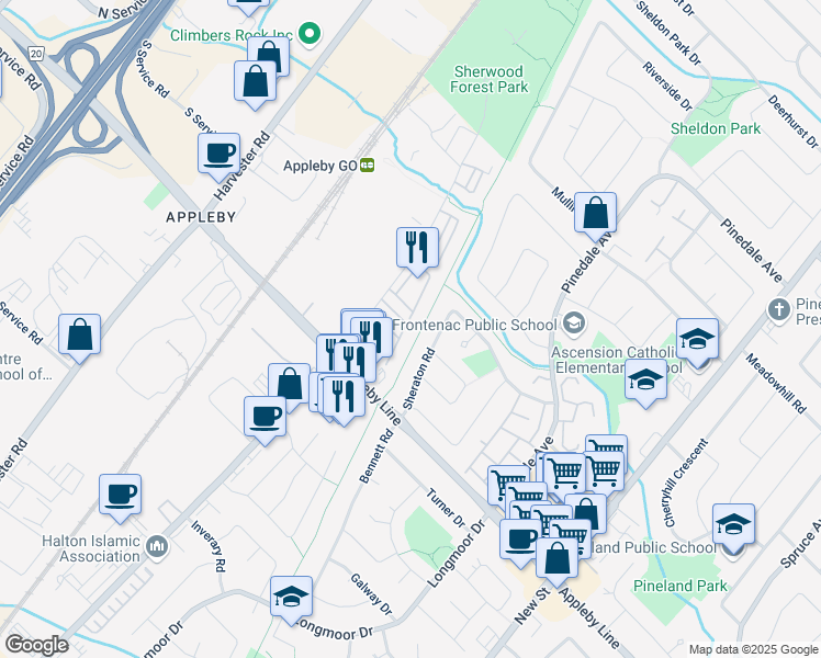 map of restaurants, bars, coffee shops, grocery stores, and more near 5066 Mercer Common in Burlington