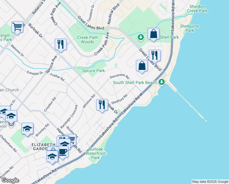 map of restaurants, bars, coffee shops, grocery stores, and more near 133 Warner Drive in Oakville