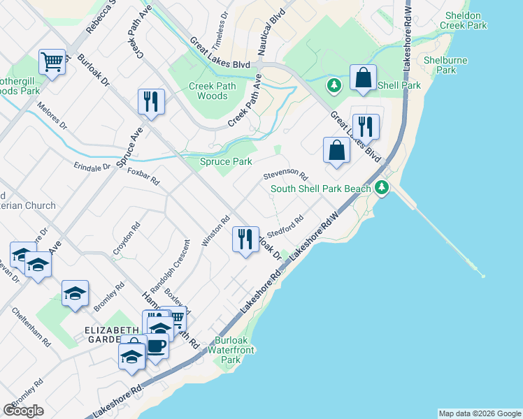 map of restaurants, bars, coffee shops, grocery stores, and more near 165 Warner Drive in Oakville