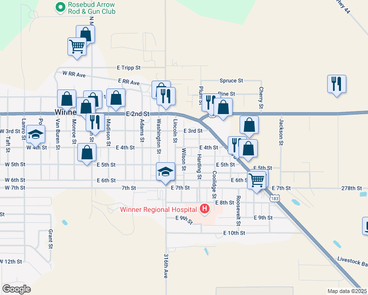 map of restaurants, bars, coffee shops, grocery stores, and more near 401 Wilson Street in Winner