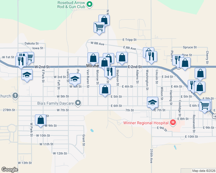 map of restaurants, bars, coffee shops, grocery stores, and more near 400 Main Street in Winner