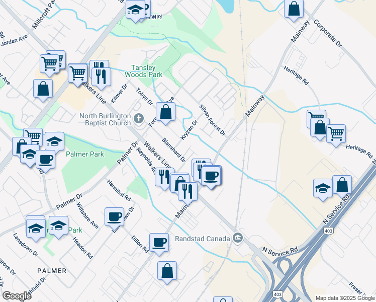 map of restaurants, bars, coffee shops, grocery stores, and more near 1250 Blanshard Drive in Burlington