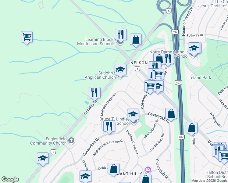 map of restaurants, bars, coffee shops, grocery stores, and more near 2405 Malcolm Crescent in Burlington