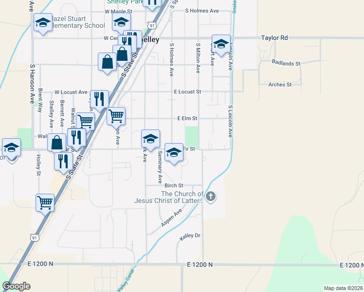 map of restaurants, bars, coffee shops, grocery stores, and more near 200-292 East Fir Street in Shelley