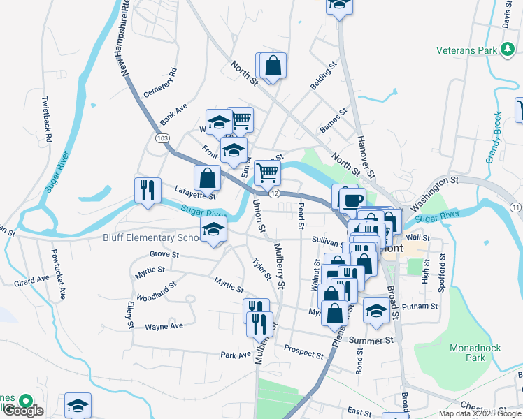 map of restaurants, bars, coffee shops, grocery stores, and more near 13 Union Street in Claremont