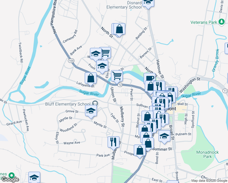 map of restaurants, bars, coffee shops, grocery stores, and more near 13 Union Street in Claremont