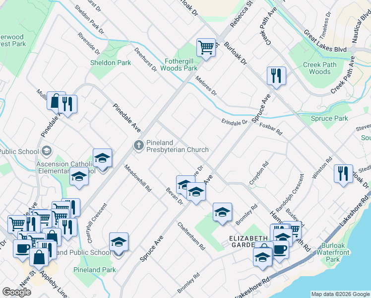 map of restaurants, bars, coffee shops, grocery stores, and more near 370 Dunlop Crescent in Burlington