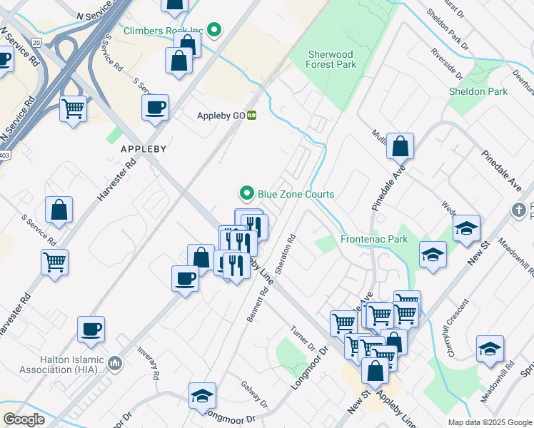 map of restaurants, bars, coffee shops, grocery stores, and more near 5070 Fairview Street in Burlington