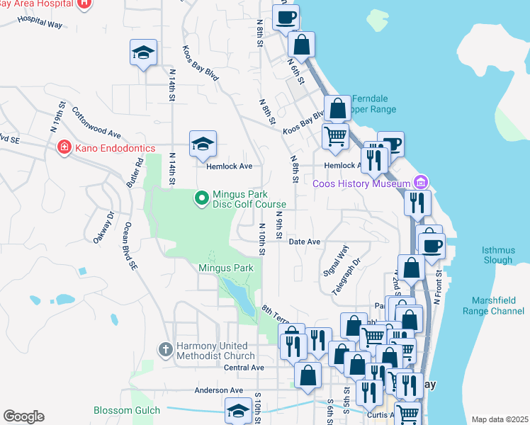map of restaurants, bars, coffee shops, grocery stores, and more near 990 North 10th Street in Coos Bay