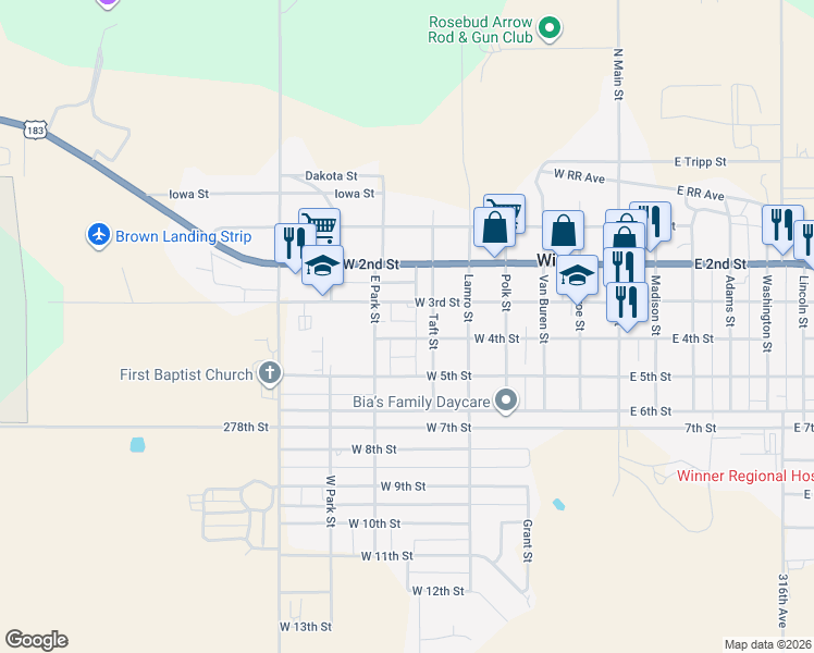 map of restaurants, bars, coffee shops, grocery stores, and more near 600-698 West 3rd Street in Winner