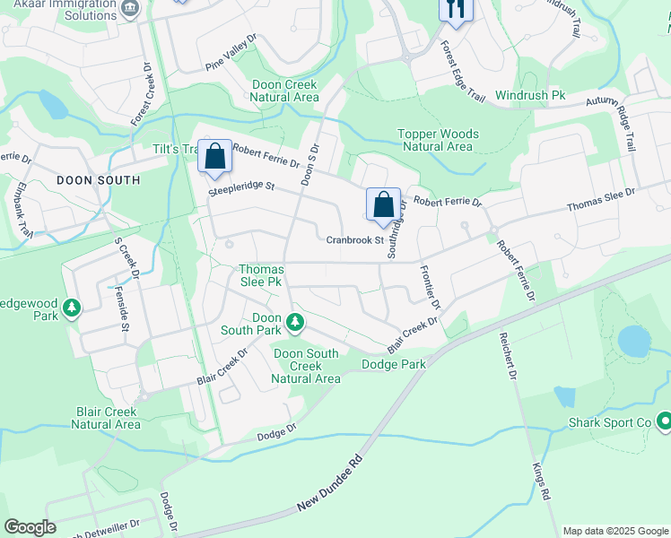 map of restaurants, bars, coffee shops, grocery stores, and more near 405 Thomas Slee Drive in Kitchener