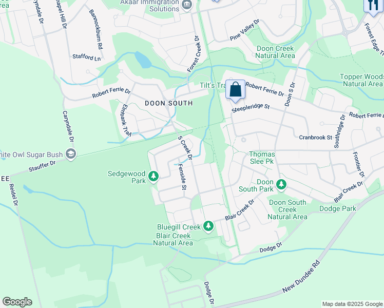 map of restaurants, bars, coffee shops, grocery stores, and more near 115 South Creek Drive in Kitchener