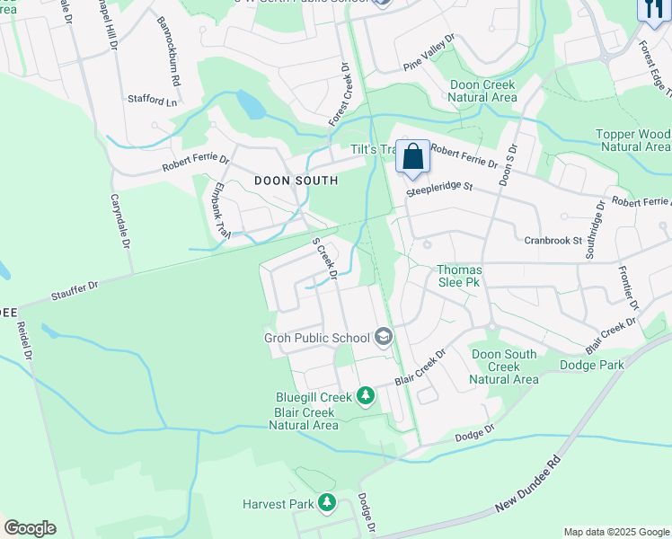 map of restaurants, bars, coffee shops, grocery stores, and more near 115 South Creek Drive in Kitchener