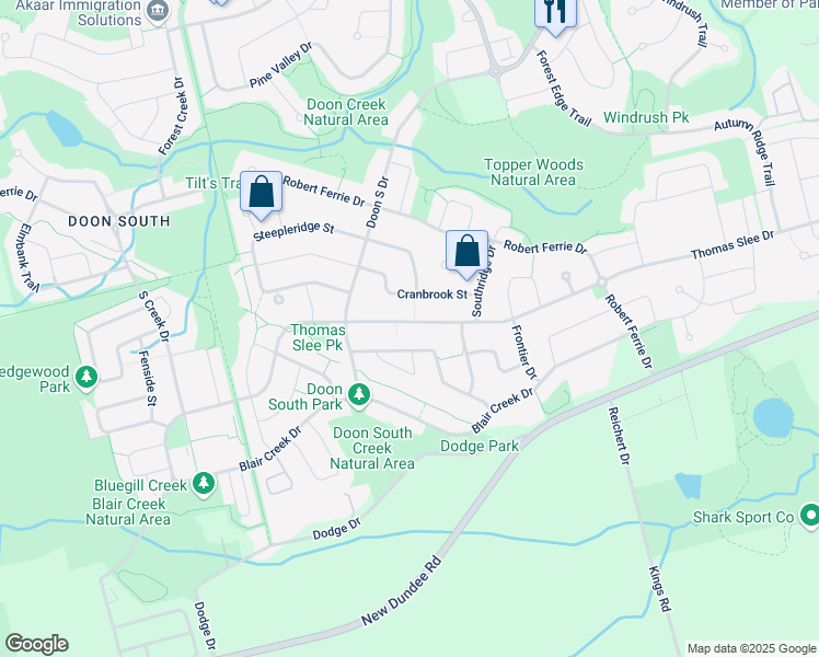 map of restaurants, bars, coffee shops, grocery stores, and more near 405 Thomas Slee Drive in Kitchener