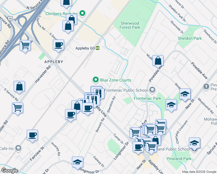 map of restaurants, bars, coffee shops, grocery stores, and more near 5080 Fairview Street in Burlington