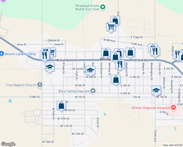 map of restaurants, bars, coffee shops, grocery stores, and more near 300-398 West 3rd Street in Winner