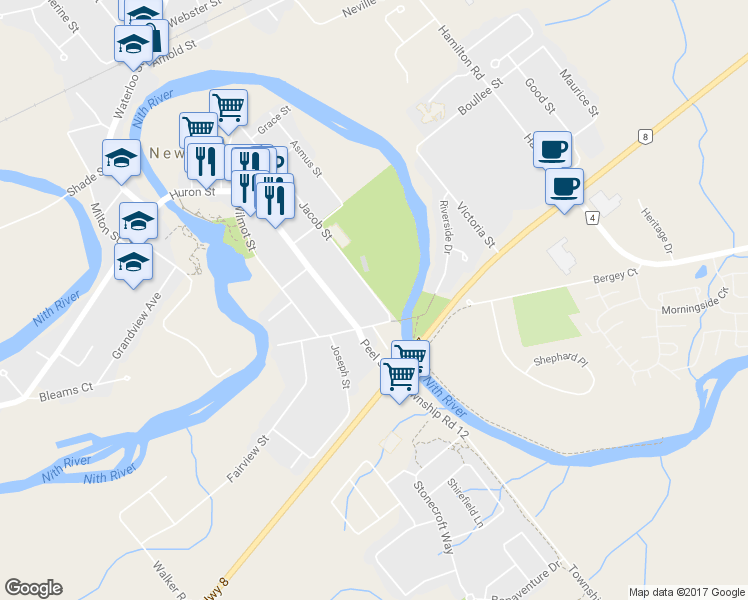 map of restaurants, bars, coffee shops, grocery stores, and more near 340 Jacob Street in New Hamburg