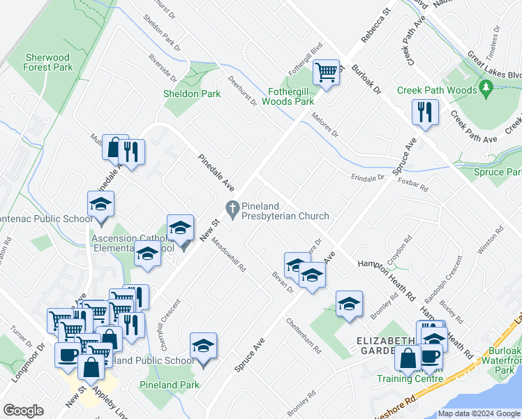 map of restaurants, bars, coffee shops, grocery stores, and more near 408 Norrie Crescent in Burlington