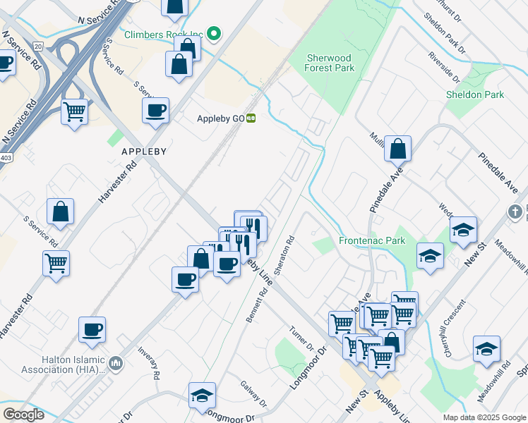 map of restaurants, bars, coffee shops, grocery stores, and more near 5080 Fairview Street in Burlington