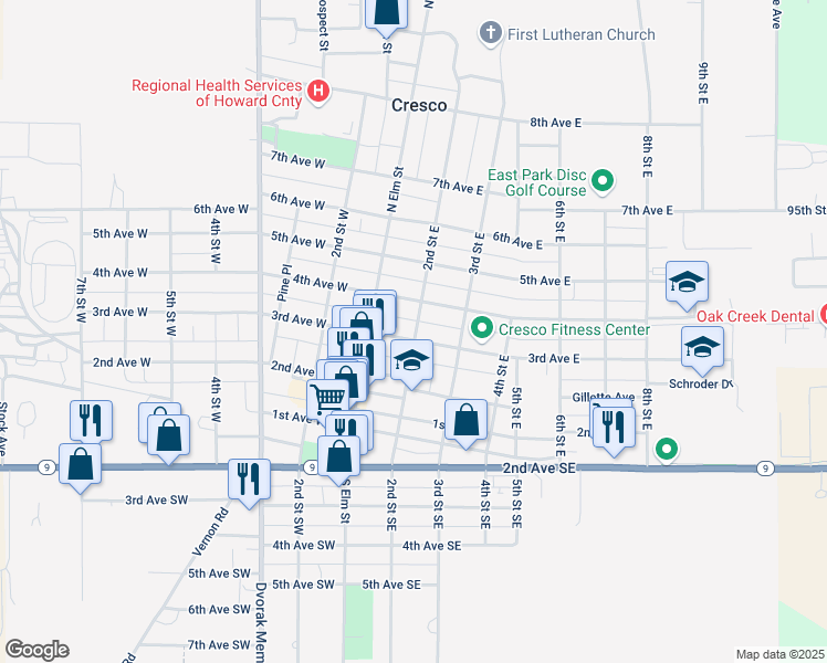 map of restaurants, bars, coffee shops, grocery stores, and more near 101 4th Avenue East in Cresco