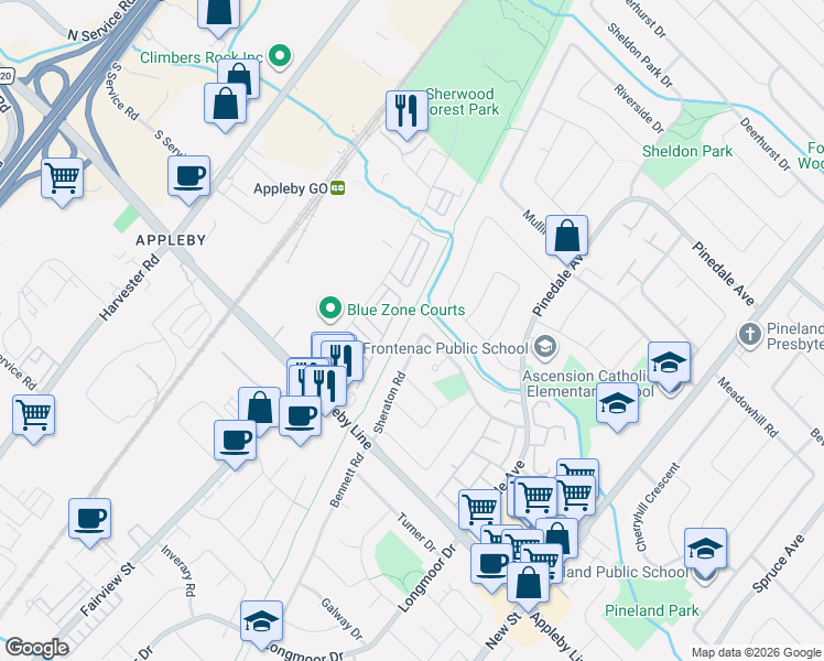 map of restaurants, bars, coffee shops, grocery stores, and more near 629 Sheraton Road in Burlington