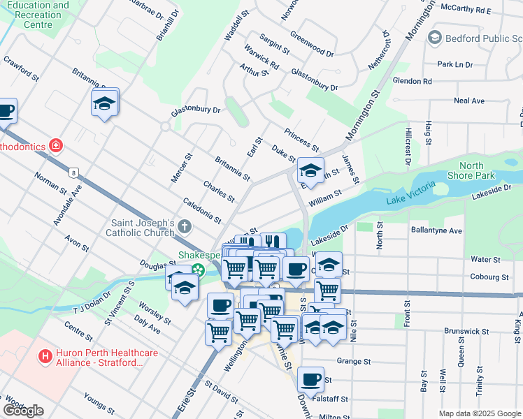 map of restaurants, bars, coffee shops, grocery stores, and more near 39 Elizabeth Street in Stratford