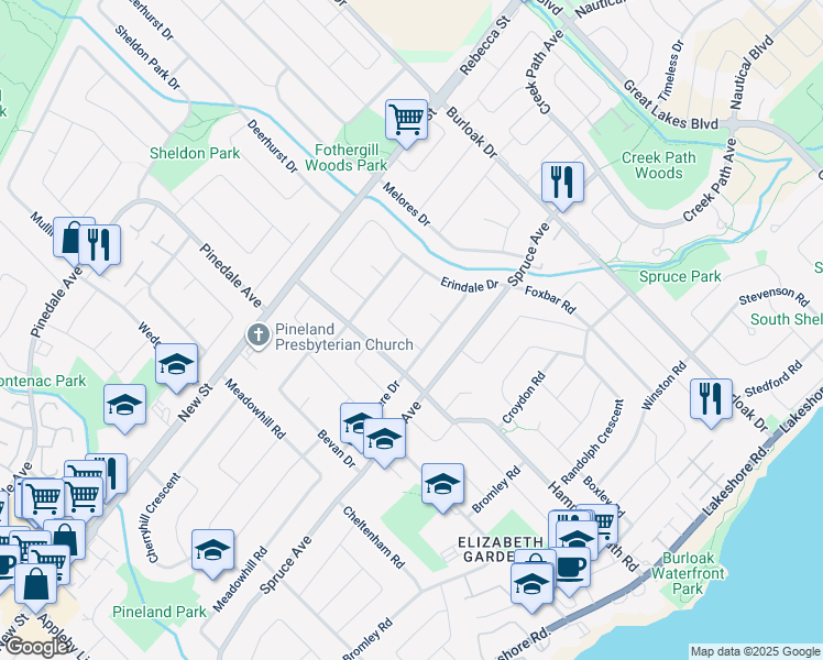 map of restaurants, bars, coffee shops, grocery stores, and more near 5384 Clive Crescent in Burlington