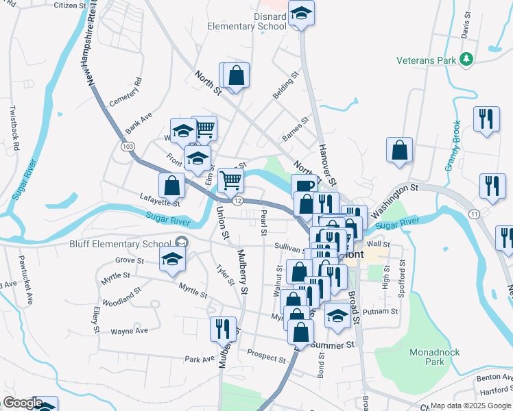 map of restaurants, bars, coffee shops, grocery stores, and more near 96 Main Street in Claremont