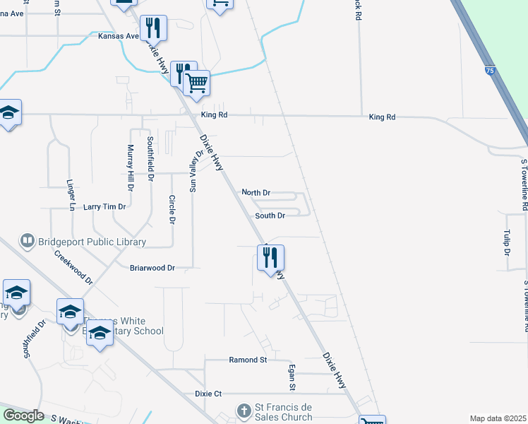 map of restaurants, bars, coffee shops, grocery stores, and more near 5653 Dixie Highway in Saginaw