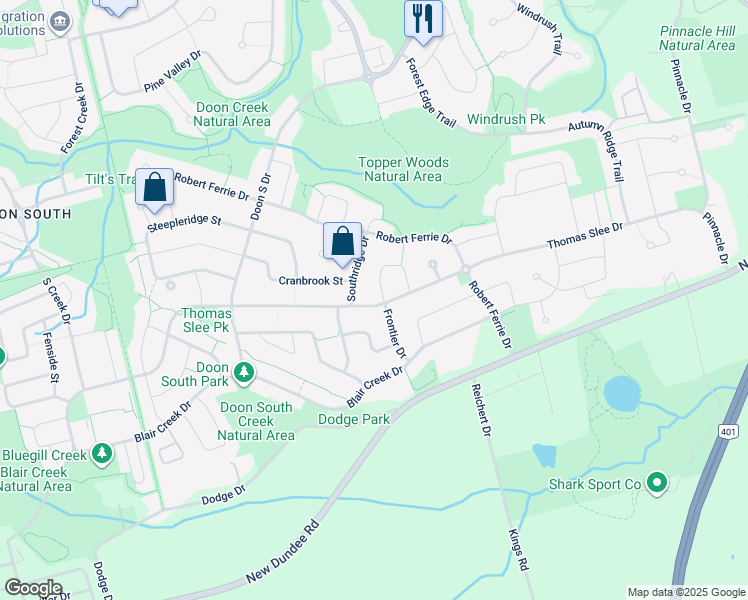 map of restaurants, bars, coffee shops, grocery stores, and more near 51 Southridge Drive in Kitchener