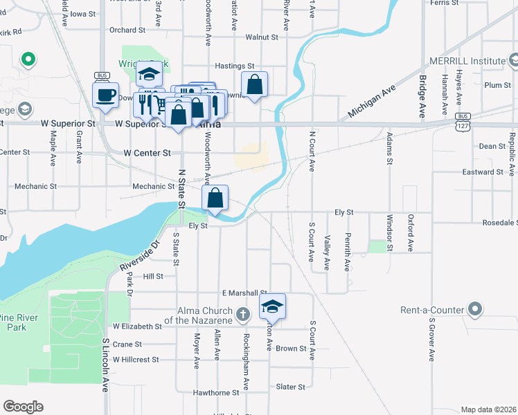 map of restaurants, bars, coffee shops, grocery stores, and more near 321 Ely Street in Alma