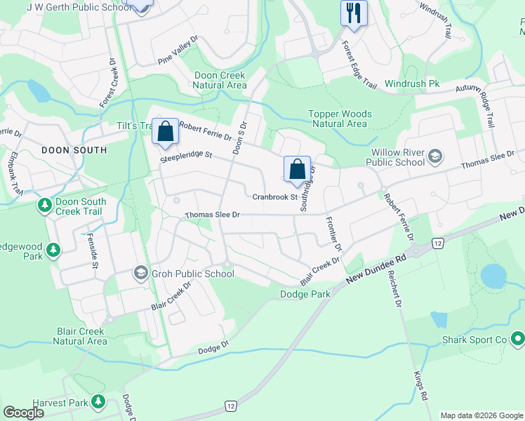 map of restaurants, bars, coffee shops, grocery stores, and more near 59 Cranbrook Street in Kitchener