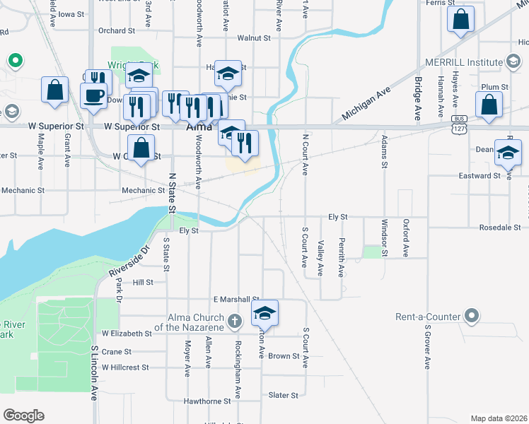 map of restaurants, bars, coffee shops, grocery stores, and more near 321 Ely Street in Alma