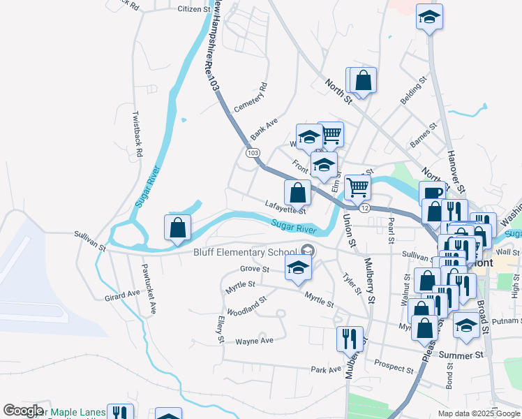 map of restaurants, bars, coffee shops, grocery stores, and more near 86 Lafayette Street in Claremont